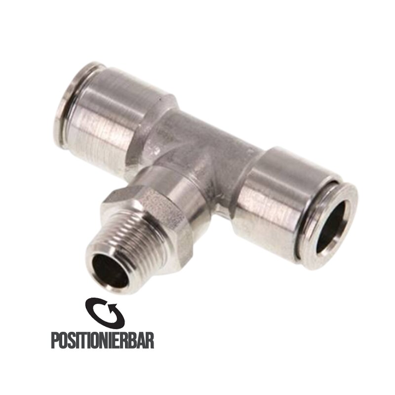 4 mm x 1/4" Pneumatik Steck Verbinder T-Stück 90° IQS Edelstahl VA 1.4404 Außengewinde konisch - PN 15 bar