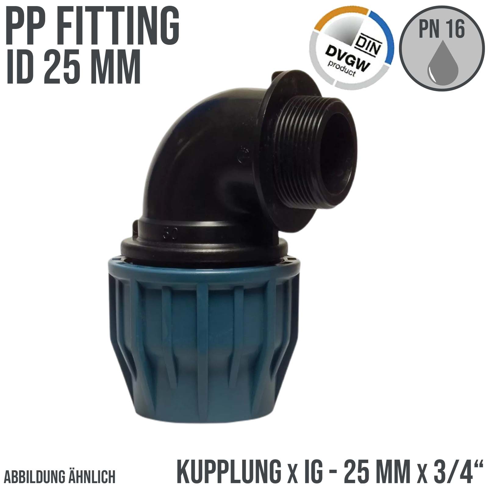 25 mm x 3/4" PE PP Fitting Klemm Verbinder Verschraubung Rohr Winkel 90° x AG DVGW - PN 16 bar 