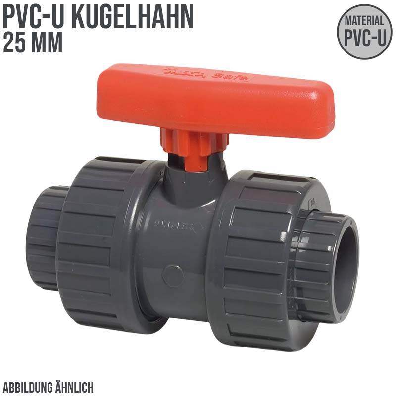 25 mm PVC Kugel Absperr Hahn Ventil beidseitige Klebemuffe Fitting PN 16 bar - roter Griff