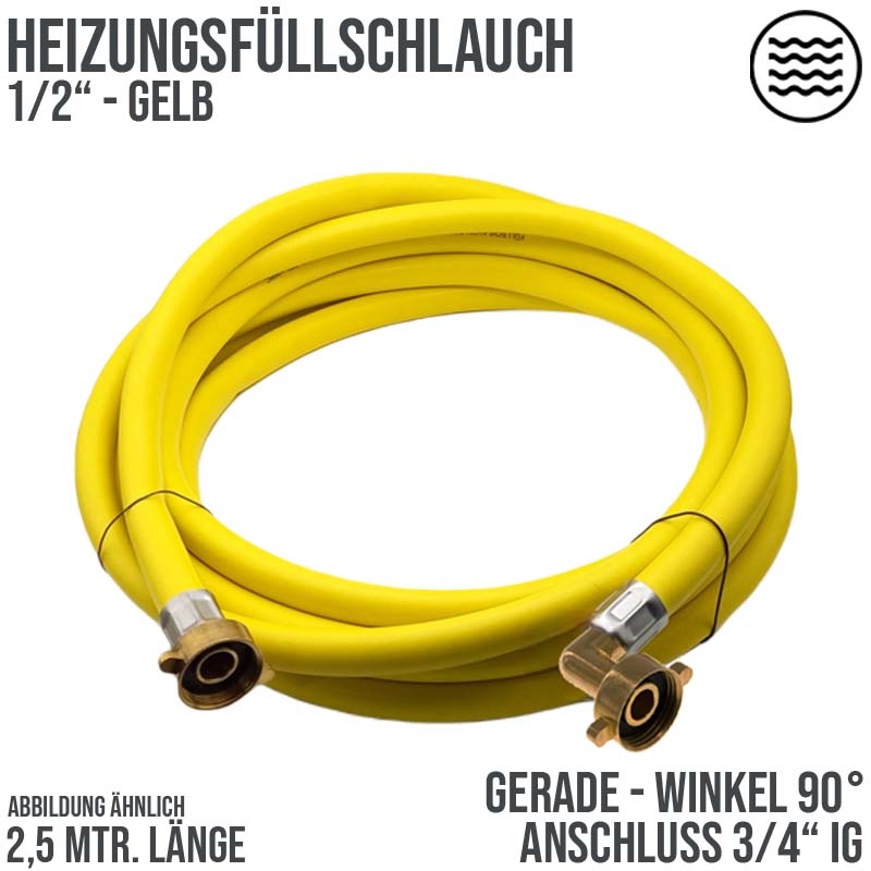 2,5 m Heizungs Füll Wasser Heizkörper Radiator Sanitär Schlauch gelb - 3/4" Gerade/Winkel Anschluss - PN 8 bar