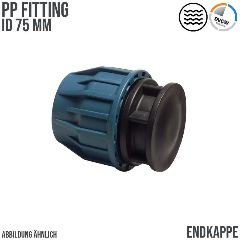 75 mm PE PP Fitting Klemm Verbinder Kappe Endkappe Endstück Muffe Verbinder  DVGW - PN 16 bar