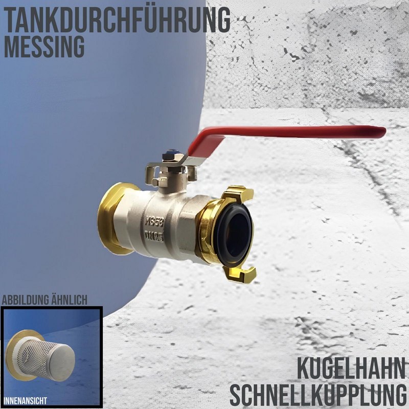 Tank Regen Tonnen Durchführung Messing Kugelhahn 1" Innengewinde - Anschuss Set PN 10 bar