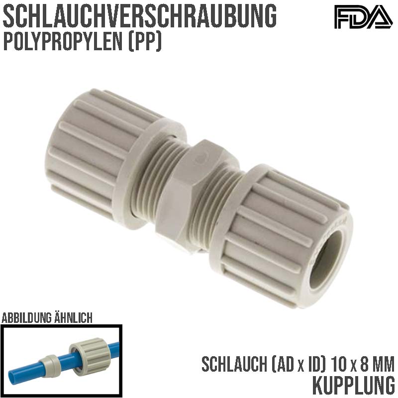 10 x 8 mm Kupplung PA PP Schlauch Verschraubung Verbinder FDA - PN 10 bar