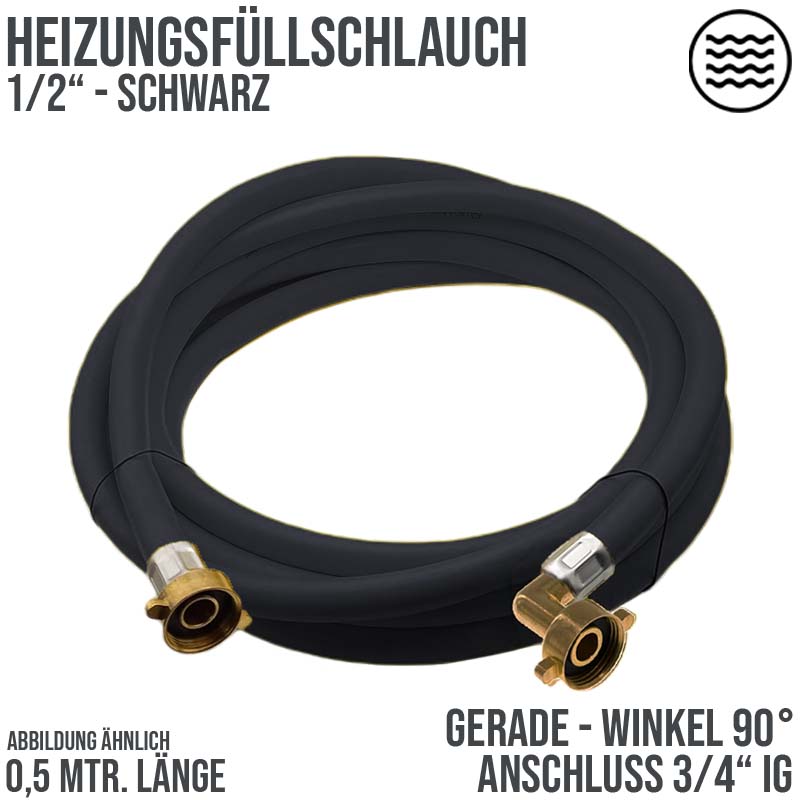 0,5 m Heizungs Füll Wasser Heizkörper Radiator Sanitär Schlauch schwarz - 3/4" Gerade/Winkel Anschluss - PN 8 bar