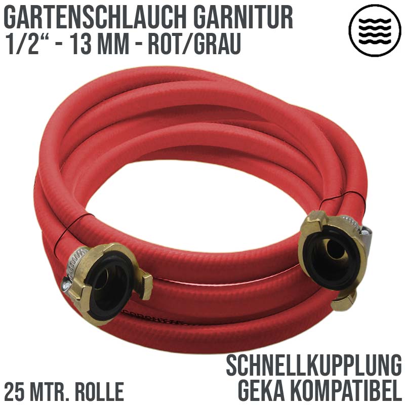 1/2" 13 mm Garten Wasser Bewässerung Schlauch Garnitur rot Schnellkupplung 3 Lagen - PN 10 bar - 25 m
