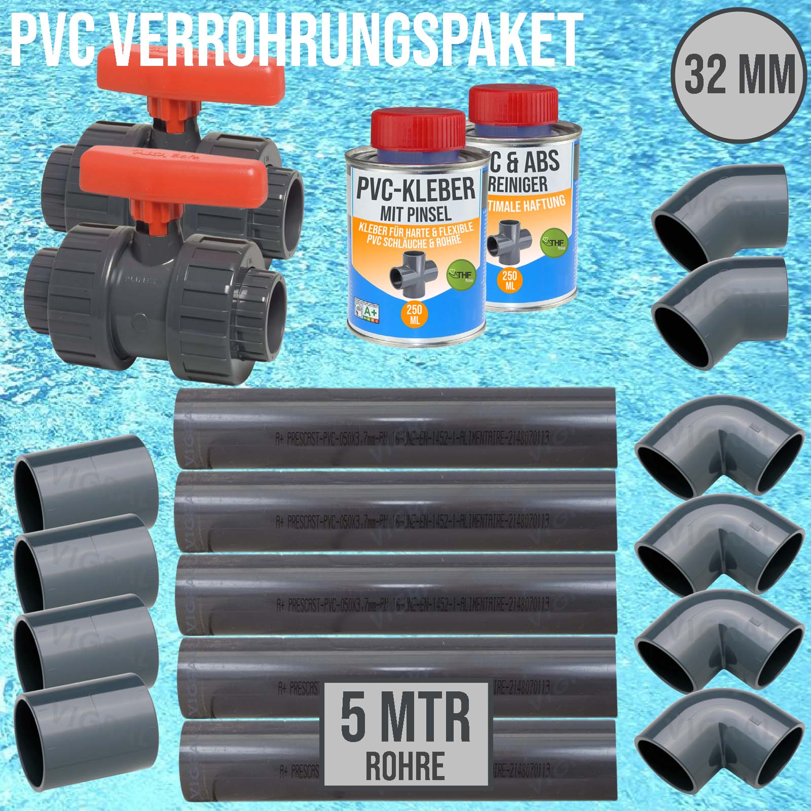 32 mm PVC Klebe Fittings Verrohrungspaket Pool Schwimmbad Schlauch Rohr FEST - 5 m - rot