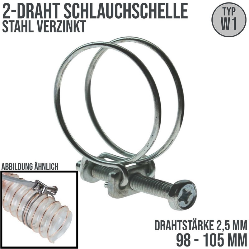 98 - 105 mm 2-Draht Schlauch Schelle W1 Stahl verzinkt Schraube M6 x 60 Draht 2,5 mm