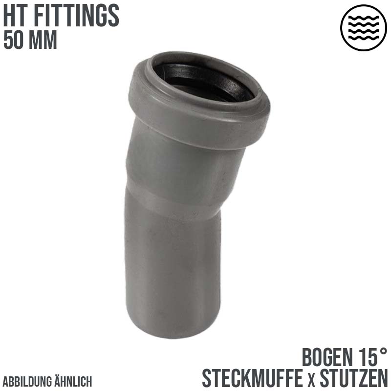 50 mm PP Bogen 15° Abzweig Abfluß Abwasser HT KG Rohr Steckmuffe x Stutzen grau