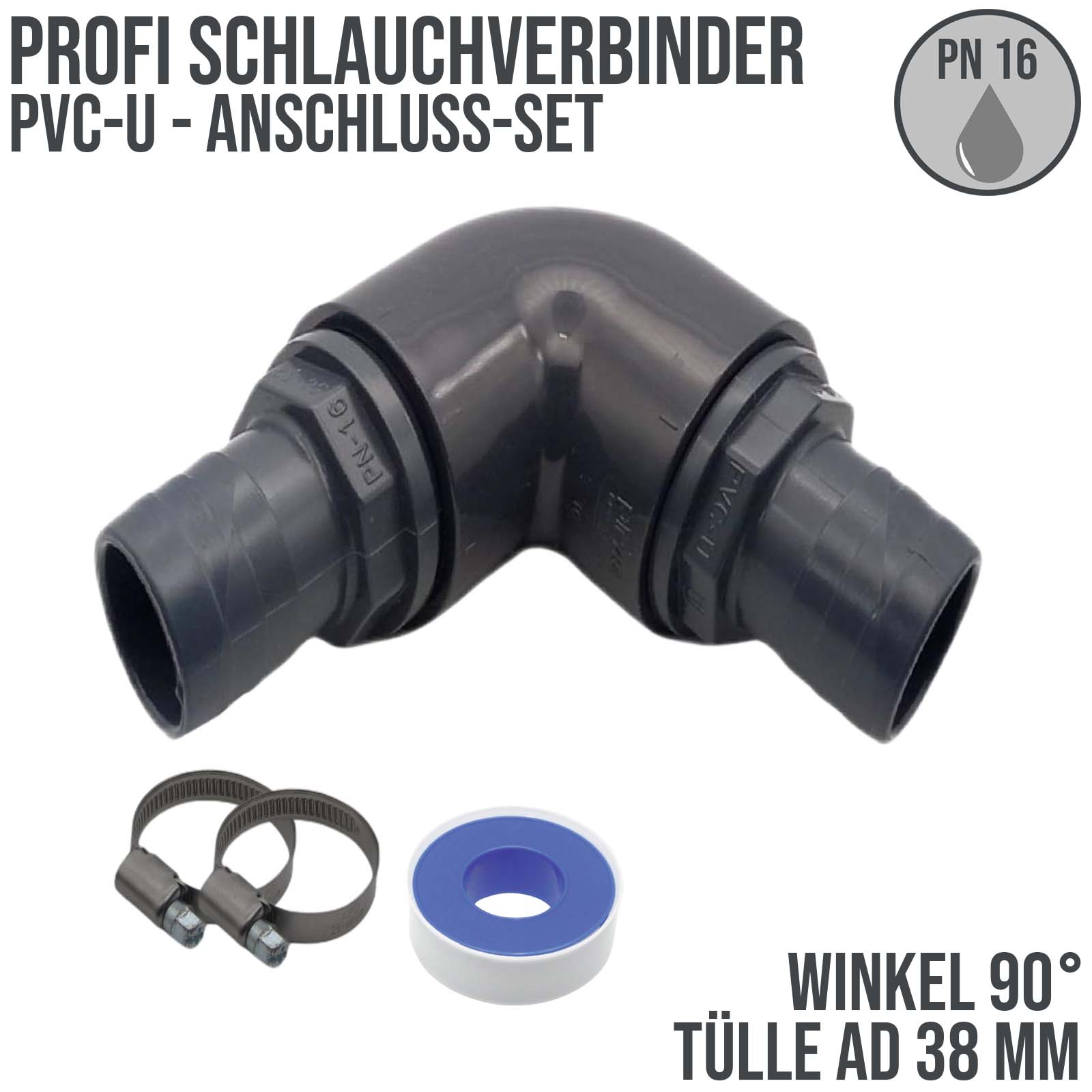 38 mm PVC PROFI Winkel 90° Schlauch Verbinder Stutzen Tülle Pool Teich Garten - PN 10 bar - Montage-Set