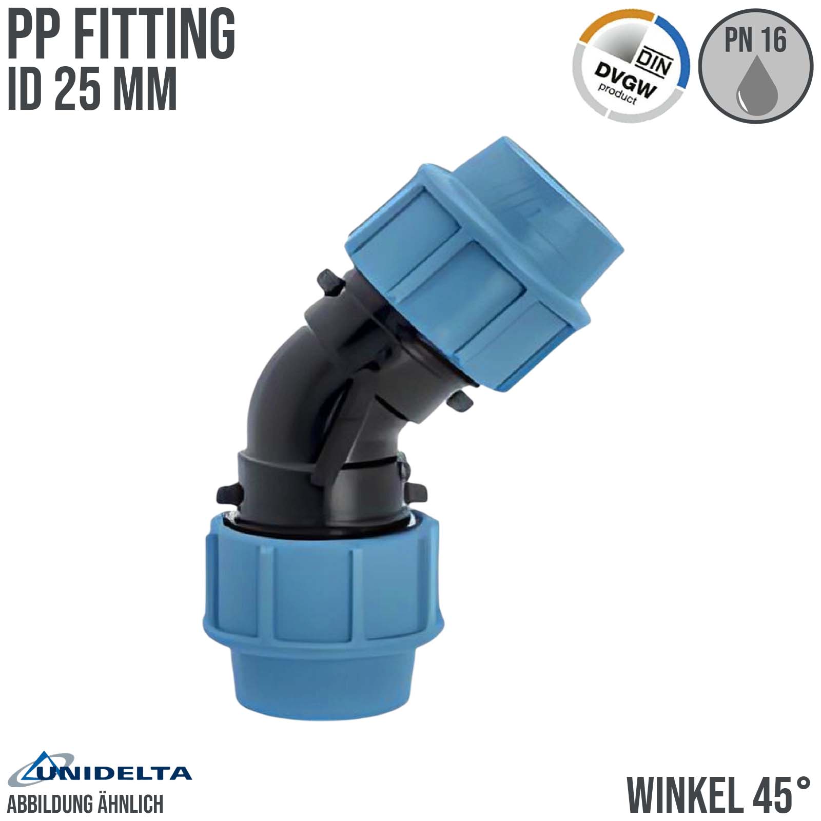 25 mm PE PP Fitting Klemm Verbinder Verschraubung Muffe Rohr Winkel 45° DVGW - Unidelta