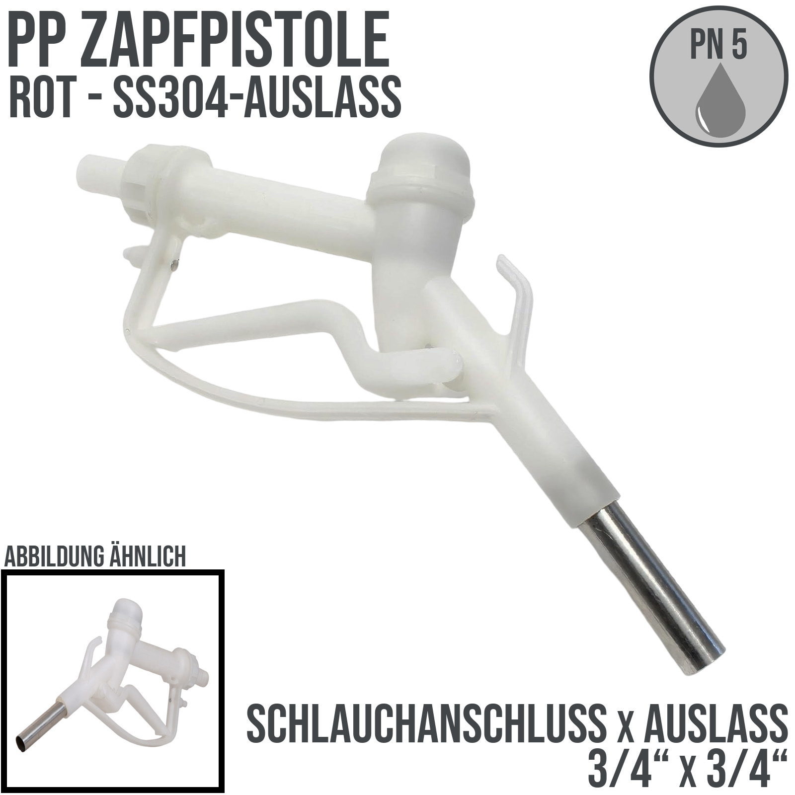 Zapfpistole (PP) weiss Anschluss 3/4" auf Auslass 3/4" SS304 (für leicht ätzende Flüssigkeiten)