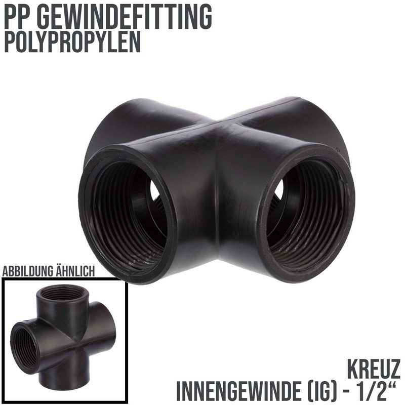 1/2 " PP Gewinde Fitting Kreuz schwarz Innen x Innengewinde IG Polypropylen - PN 10 bar
