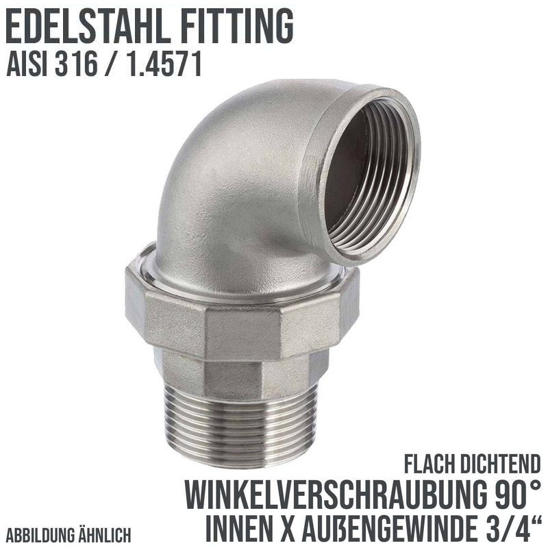 3/4" Edelstahl Fitting V4A AISI 316 Winkelverschraubung 90° Innen x Außengewinde IG x AG flach dichtend - PN 16 bar