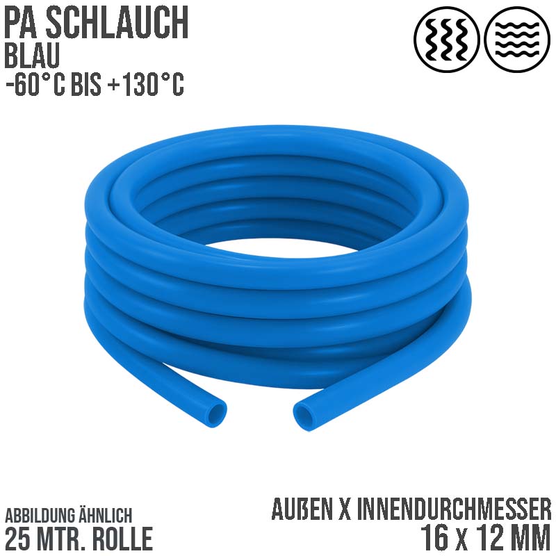 16 x 12 mm Polyamid PA Pneumatik Schlauch blau - PN 19 bar - 25 m