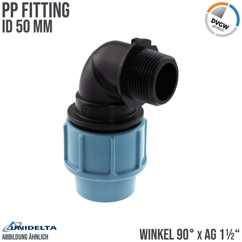 50 mm x 1 1/2" PE PP Fitting Klemm Verbinder Verschraubung Rohr Winkel 90° x AG DVGW - Unidelta