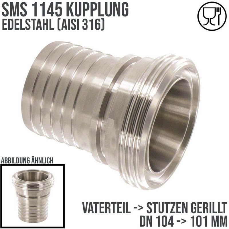 DN 104 SMS Kupplung 1145 Vaterteil VT Außengewinde Sicherungsbund - Stutzen gerillt 101 mm - PN 25 bar