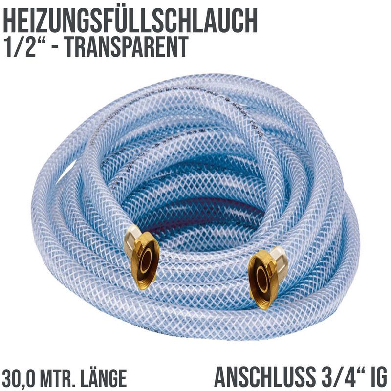 30 m Heizungs Füll Wasser Heizkörper Radiator Sanitär Schlauch transparent 3/4" Anschluss - PN 8 bar