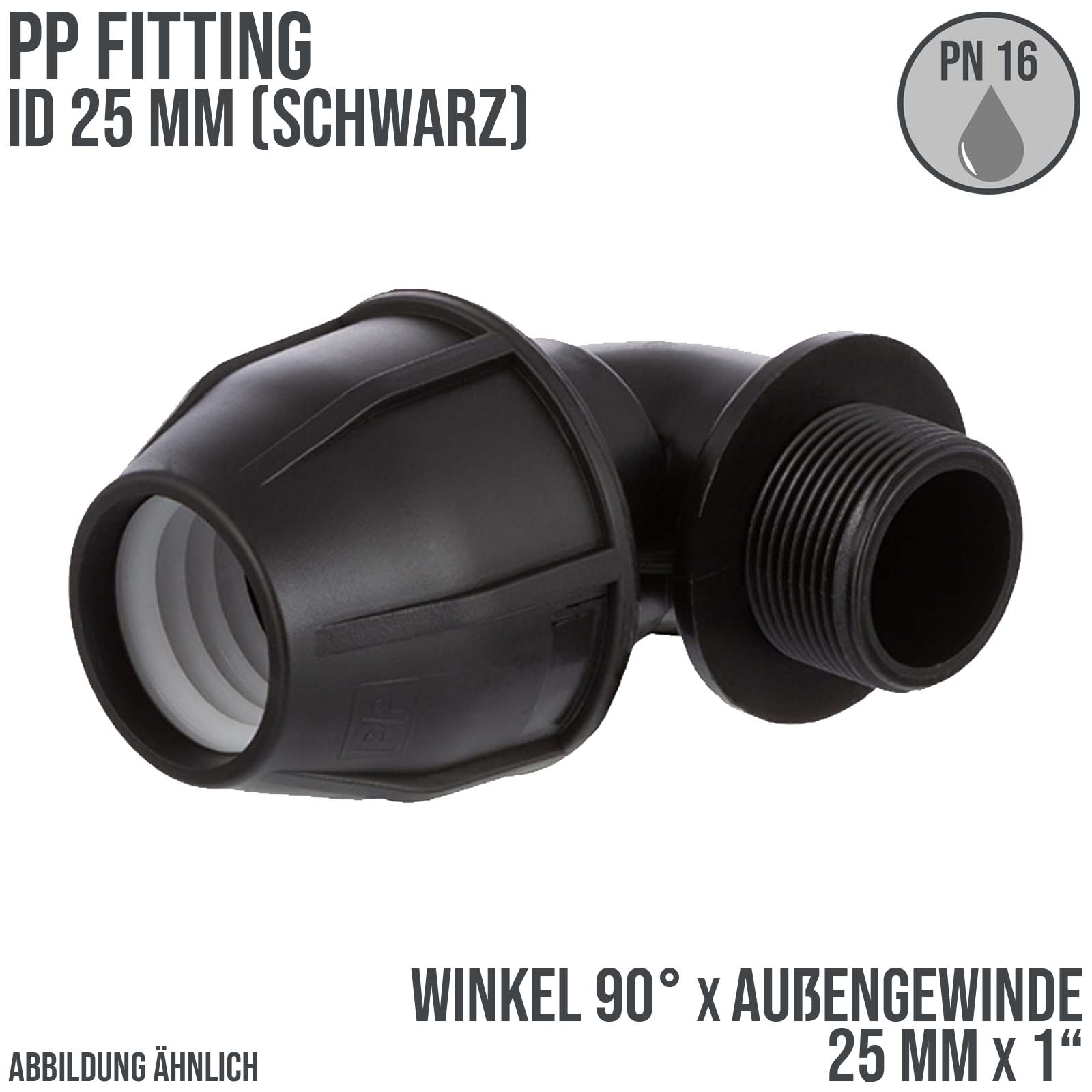 25 mm x 1" PE PP Fitting Klemm Verbinder Verschraubung Rohr Winkel 90° x AG schwarz - PN 16 bar 