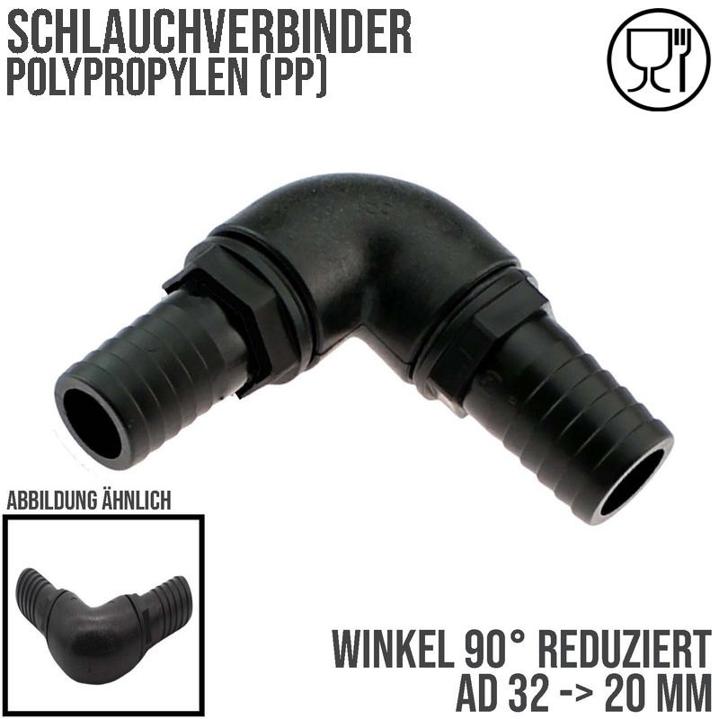 32 x 20 mm Winkel 90° PP Schlauch Verbinder 2-fach Stutzen Tülle Pool Teich Garten schwarz - PN 6 bar