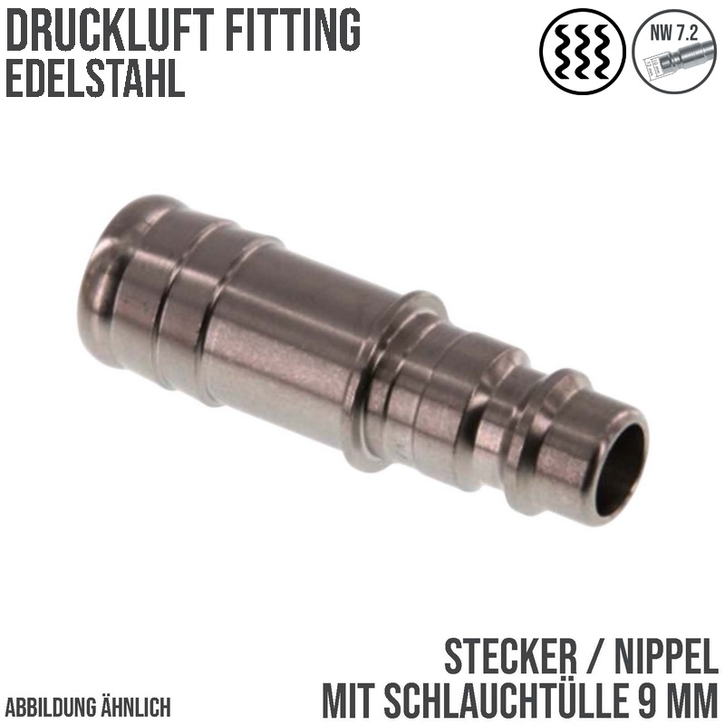 9 mm Druckluft Stecker Nippel Einsteck Schlauch Tülle Edelstahl NW 7,2 LW - PN 35 bar