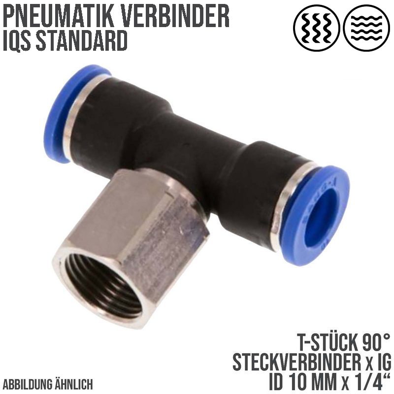 10 mm x 1/4" Pneumatik Steck Verbinder T-Stück 90° IQS Innengewinde - PN 20 bar
