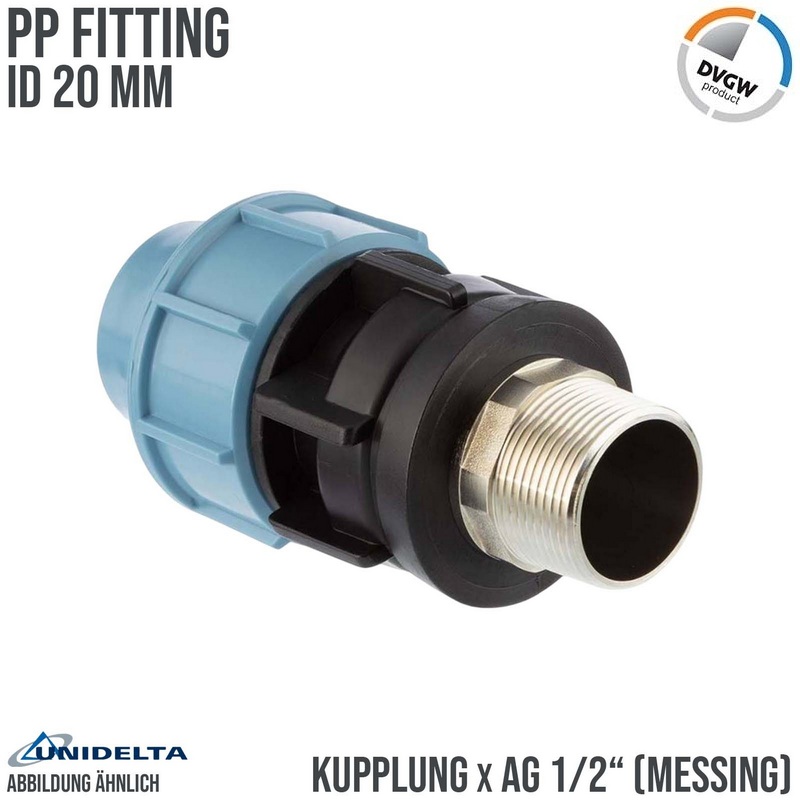 20 mm x 1/2" PE PP Fitting Klemm Verbinder Muffe Rohr Kupplung x Messing AG DVGW - Unidelta
