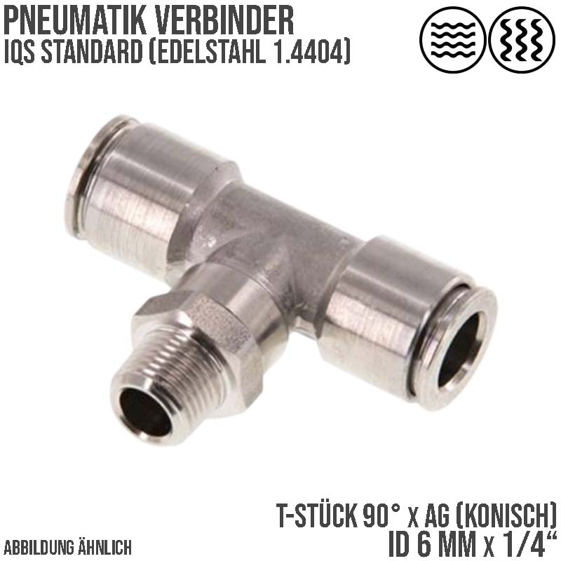 6 mm x 1/4" Pneumatik Steck Verbinder T-Stück 90° IQS Edelstahl VA 1.4404 Außengewinde konisch - PN 15 bar