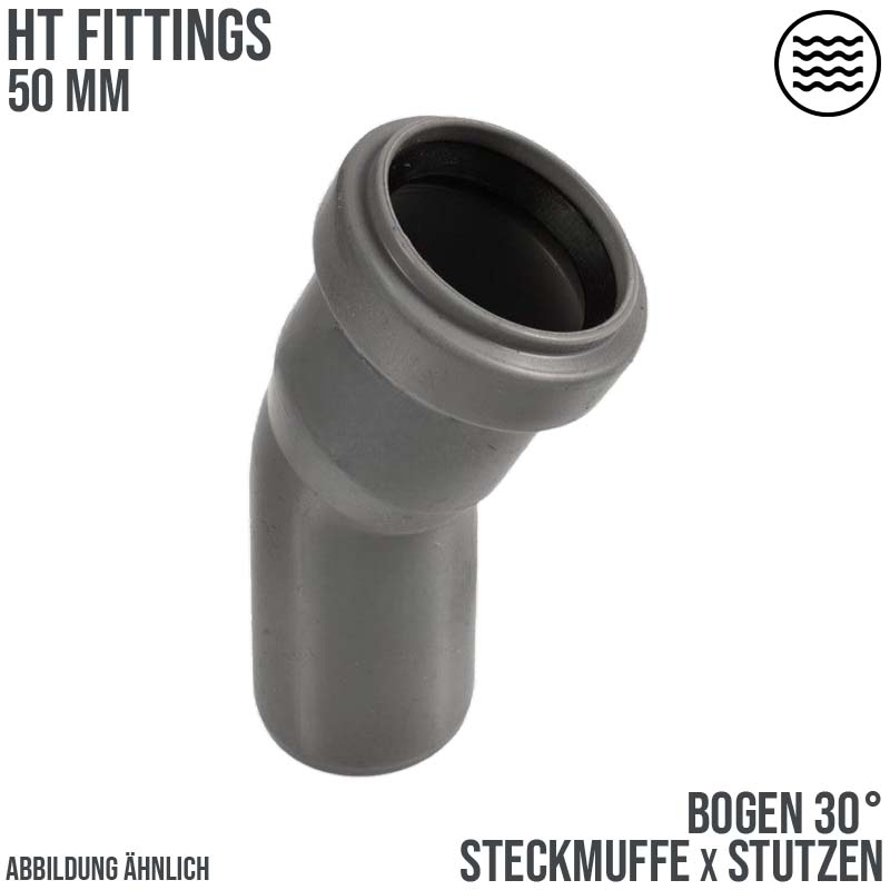 50 mm PP Bogen 30° Abzweig Abfluß Abwasser HT KG Rohr Steckmuffe x Stutzen grau