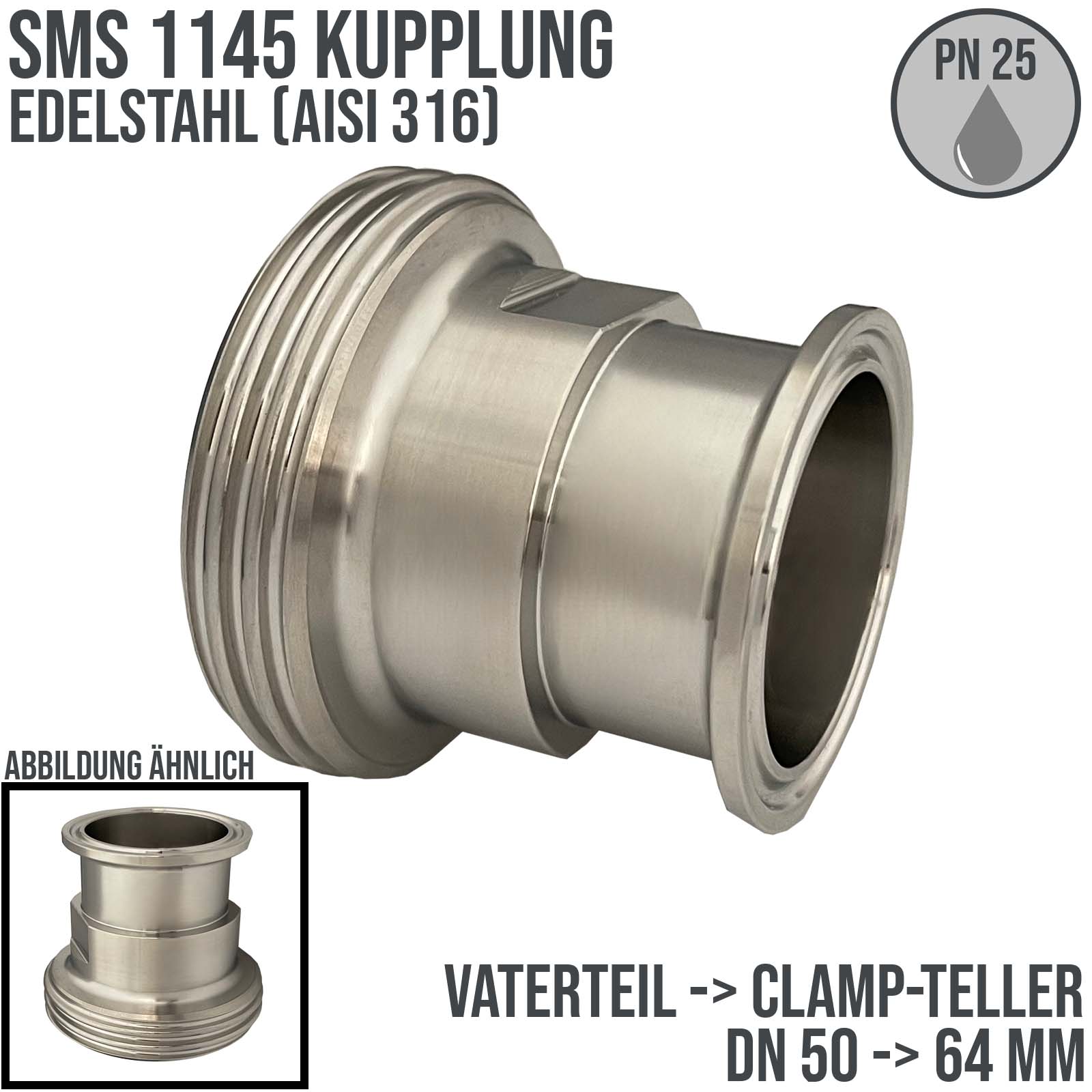 DN 50 SMS Kupplung 1145 Übergang Adapter Vaterteil Außengewinde -> Clamp Teller 64,0 mm - PN 25 bar