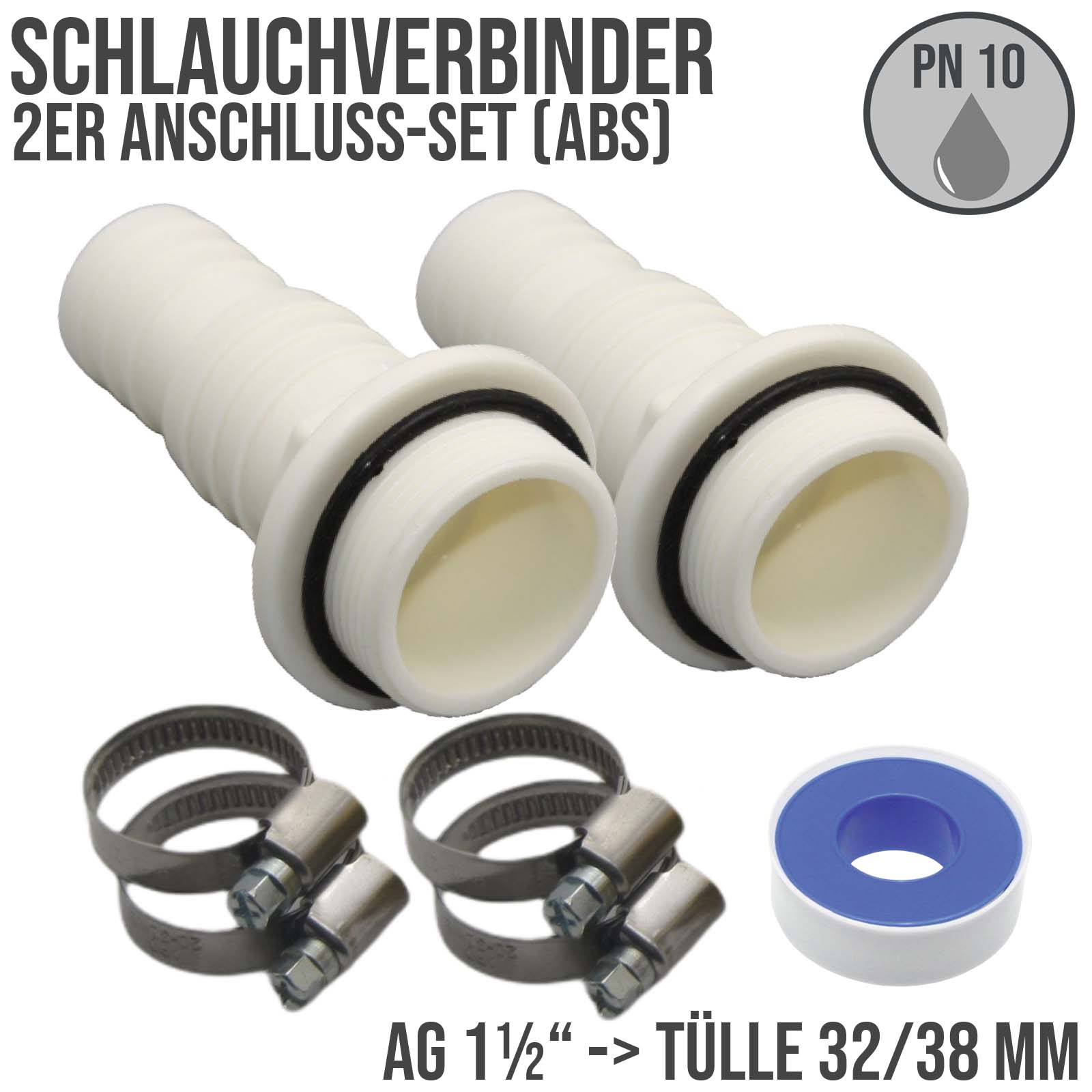Schlauchtülle Verbinder Stutzen Tülle Pool Schlauch O-Ring 32/38mm ->AG 1 1/2" - SET