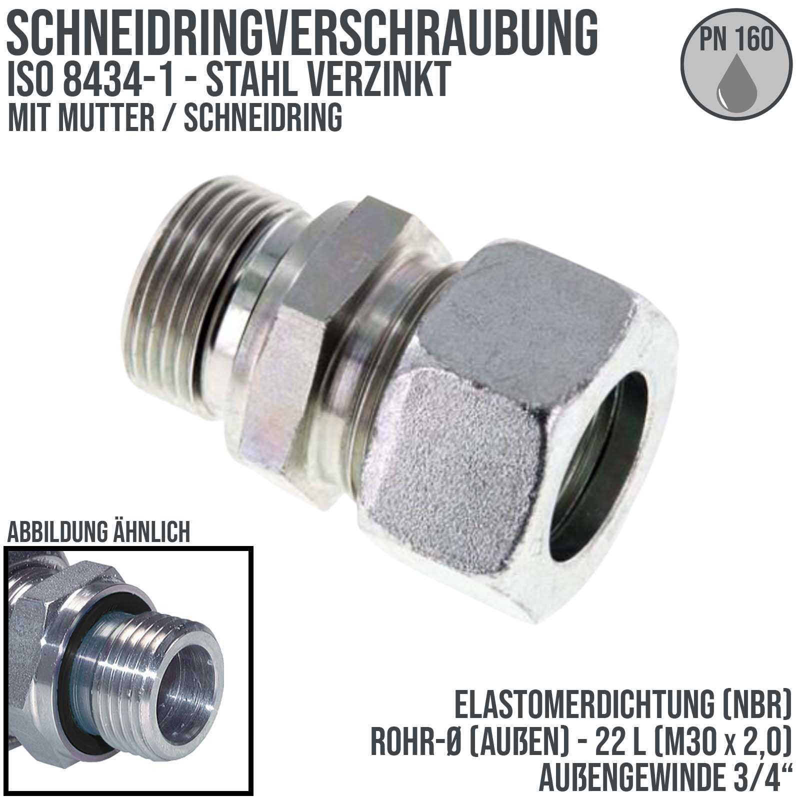 3/4" AG 22 L Schneidring Verschraubung Außengewinde M 30 x 2,0 Stahl verzinkt Elastomer Dichtung NBR - PN 160 bar