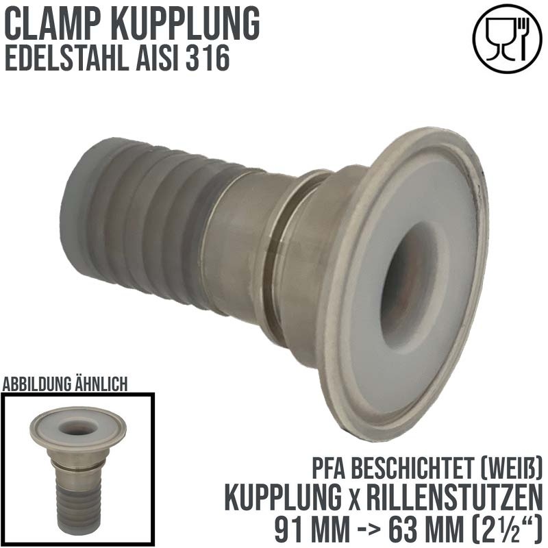 CLAMP Kupplung 91 mm Schlauch Rillen Stutzen Tülle PFA beschichtet 63 mm 2 1/2" - PN 16 bar