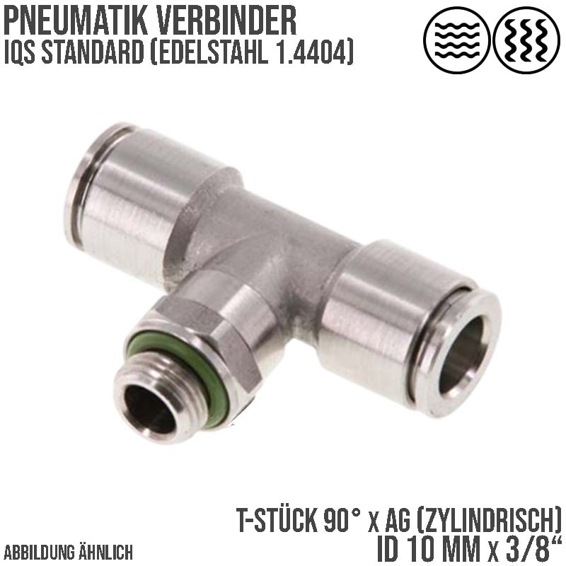 10 mm x 3/8" Pneumatik Steck Verbinder T-Stück 90° IQS Edelstahl VA 1.4404 Außengewinde zylindrisch - PN 15 bar
