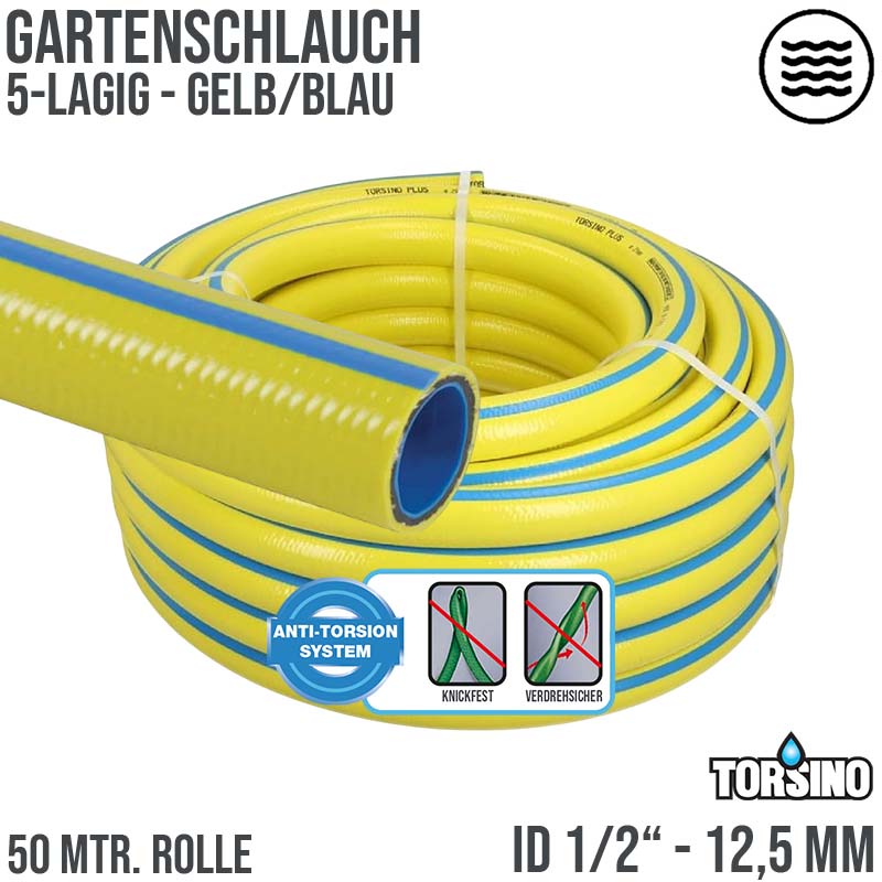 12,5 mm 1/2" Zoll 5-lagiger Garten Wasser Bewässerung Schlauch gelb Torsiono Plus PN 10 bar - 25m