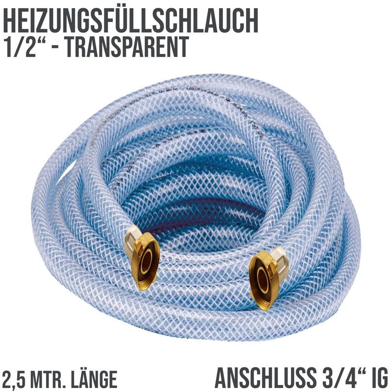 2,5 m Heizungs Füll Wasser Heizkörper Radiator Sanitär Schlauch transparent 3/4" Anschluss - PN 8 bar