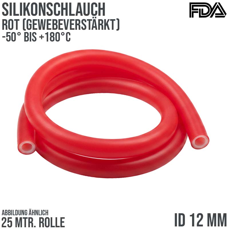 12 x 20 mm Silikon Silicon Schlauch Gewebe rot talkumiert lebensmittelecht FDA PN 6 bar - 25m