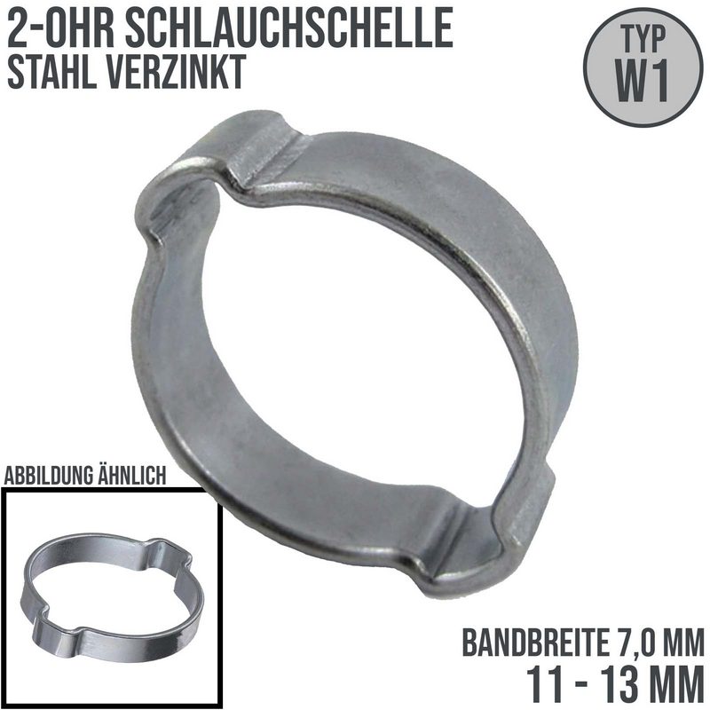 11 - 13 mm 2-Ohr Doppel Schlauch Schelle Stahl verzinkt W1 - Bandbr. 7,0 mm