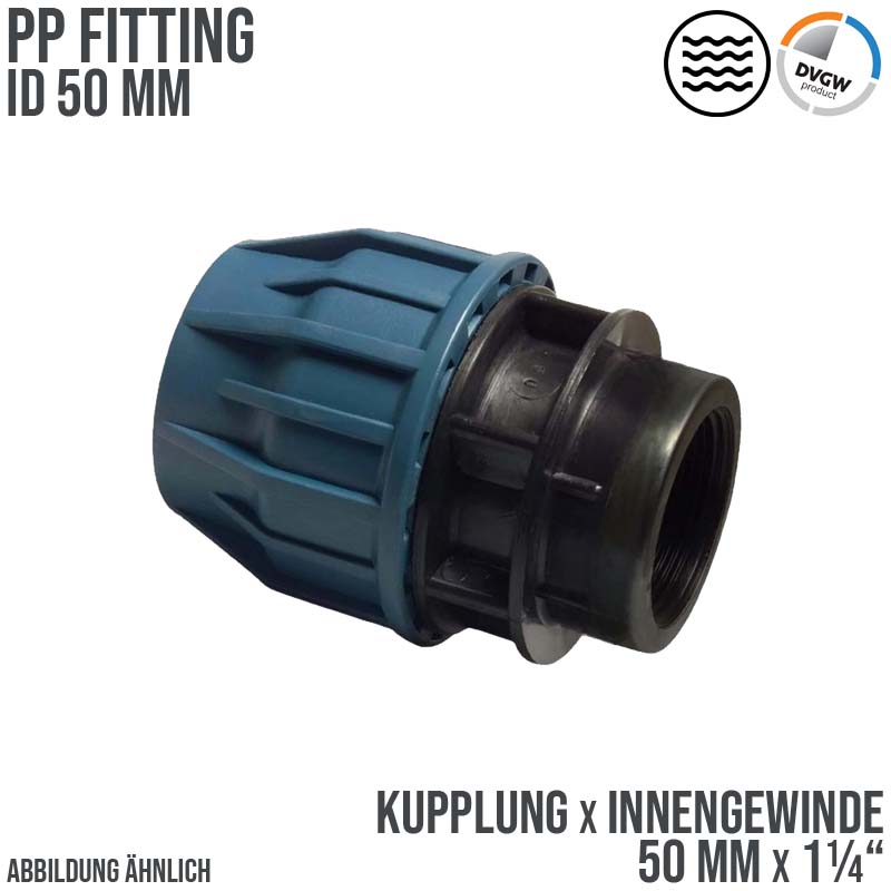 50 mm x 1 1/4" PE PP Fitting Klemm Verbinder Verschraubung Muffe Rohr Kupplung x IG DVGW - PN 16 bar