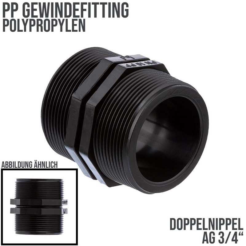 3/4" PP Gewinde Fitting Doppel Nippel schwarz Außengewinde AG Polypropylen - PN 10 bar