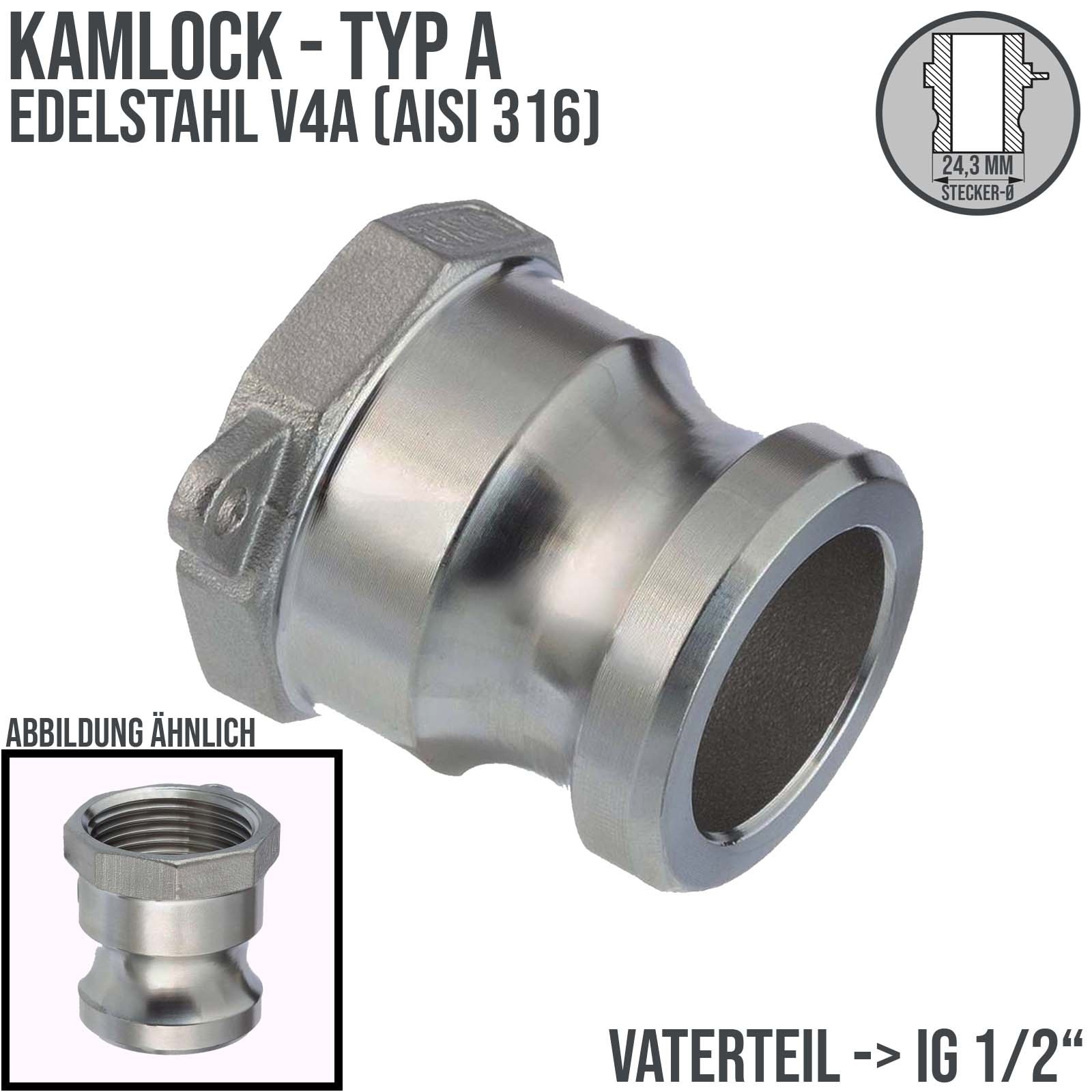 Kamlock Typ A - Vaterteil Edelstahl V2A (AISI 316) - 24,3 mm Stecker mit Innengewinde (IG) 1/2" Zoll DN 15 - PN 10 bar
