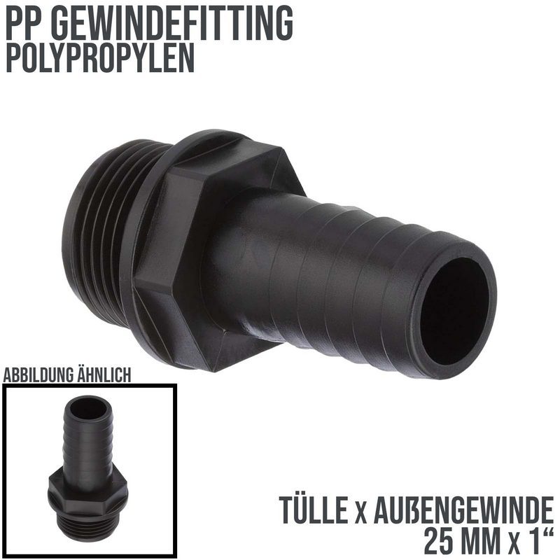 25 mm x 1 " PP Gewinde Fitting Schlauch Tülle Stutzen Außengewinde AG - PN 6 bar