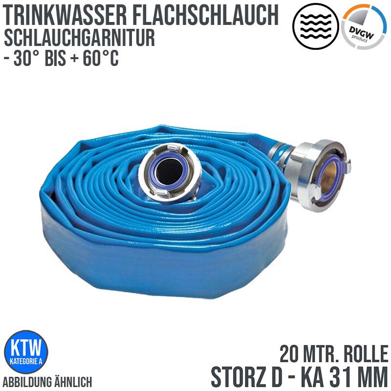 STORZ D KA 31 25 mm 1" Trinkwasser Flach Schlauch DVGW KTW Garnitur blau PN 16 bar - 20 m