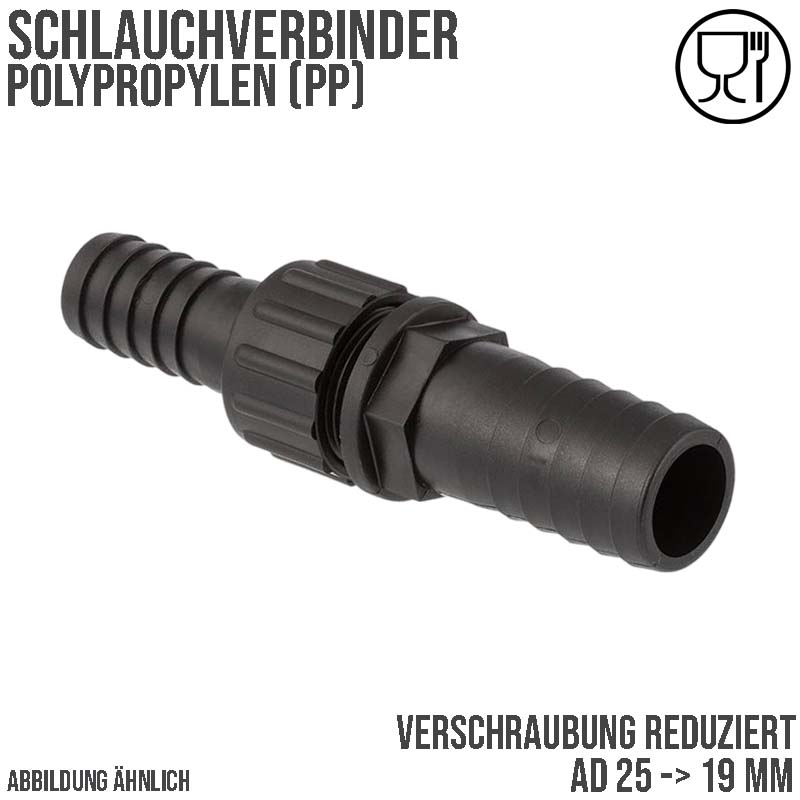 25 x 19 mm Schlauch Verschraubung reduziert 2-fach Stutzen Tülle Pool Teich Garten PP schwarz - PN 6 bar