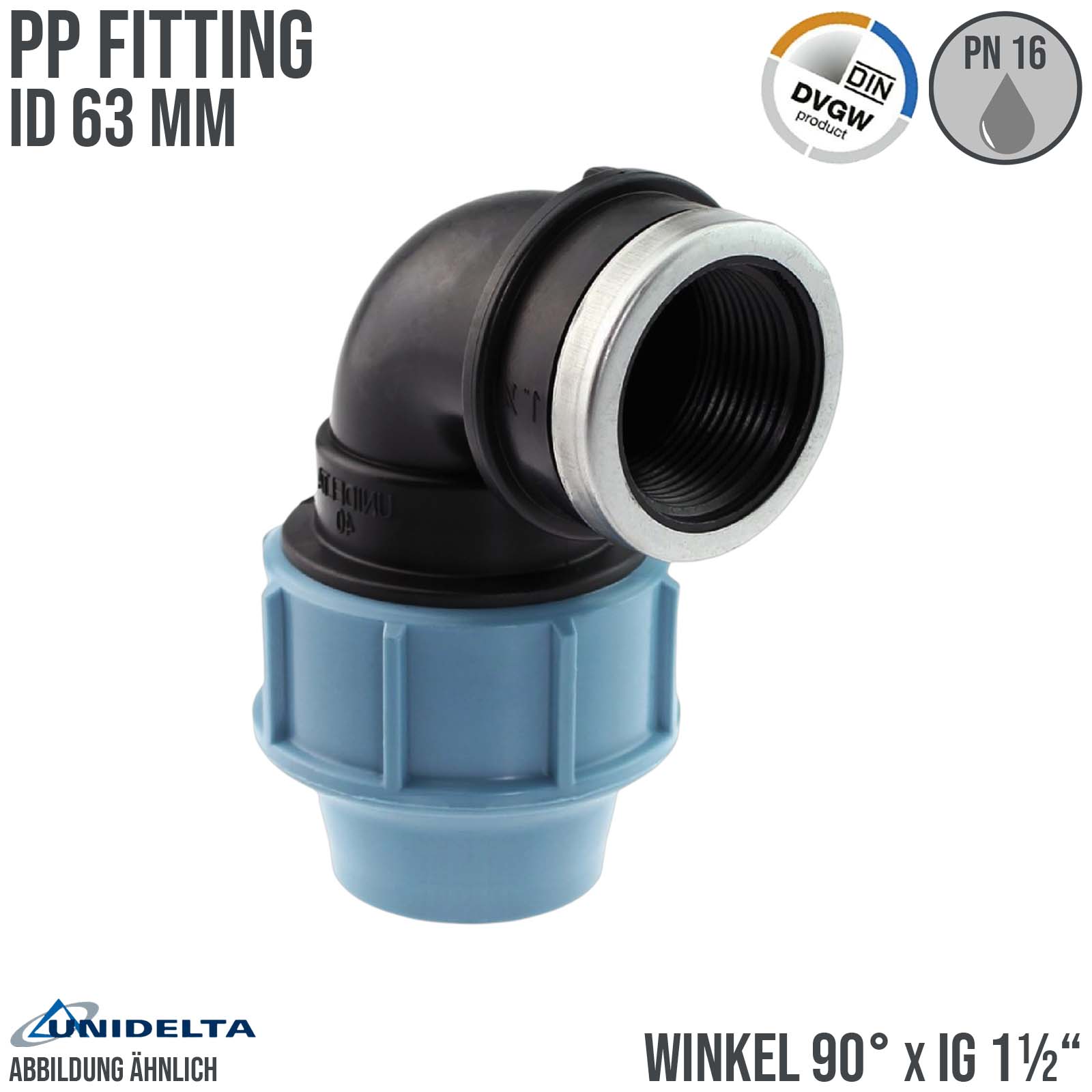 63 mm x 1 1/2" PE PP Fitting Klemm Verbinder Verschraubung Rohr Winkel 90° x IG DVGW - Unidelta 