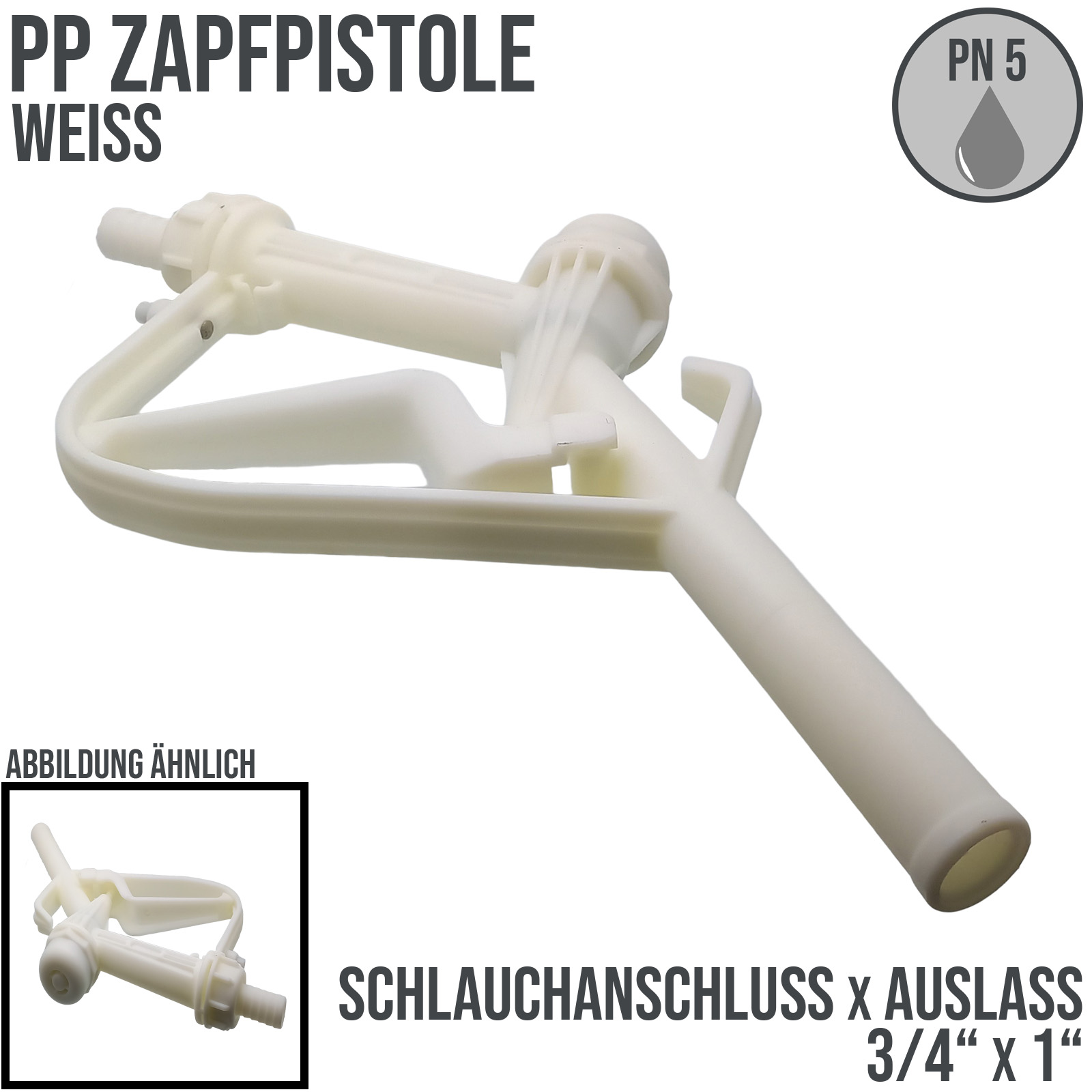 Zapfpistole (PP) weiss Anschluss 3/4" auf Auslass 1" (für leicht ätzende Flüssigkeiten)