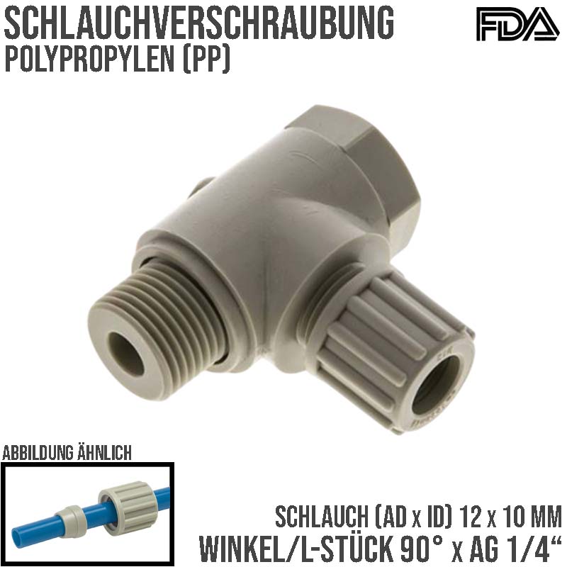 12 x 10 mm x 1/4" Winkel 90° Kupplung Aussengewinde PA PP Schlauch Verbinder FDA drehbar - PN 10 bar