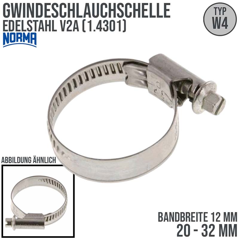 20 - 32 mm NORMA Schlauch Gewinde Rohr Schelle W4 Edelstahl 1.4301 - Band 12 mm