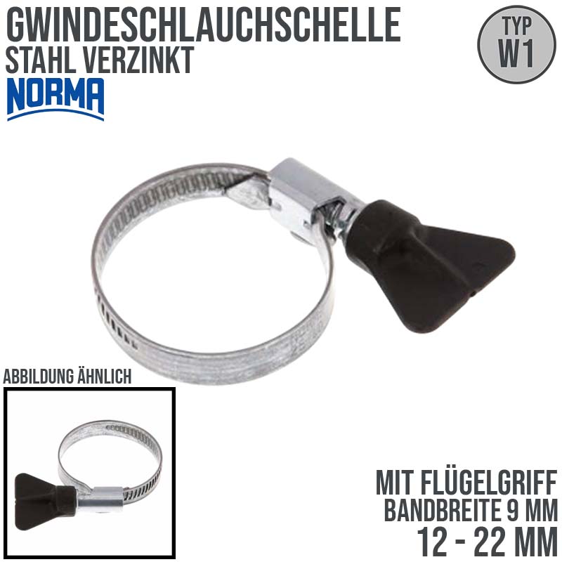 12 - 22 mm NORMA Schlauch Gewinde Rohr Schelle W1 Stahl verzinkt Flügelgriff - Band 9 mm
