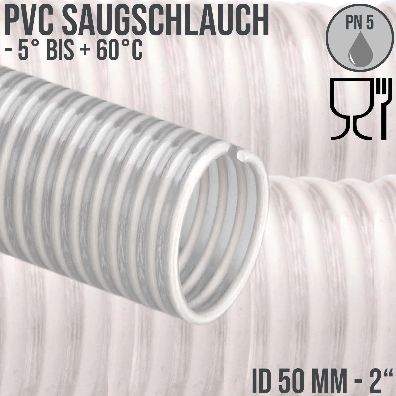 50 mm 2" Zoll Saug Ansaug Spiral Förder Pumpen Schlauch Lebensmittel Saatgut weiß PN 5 bar