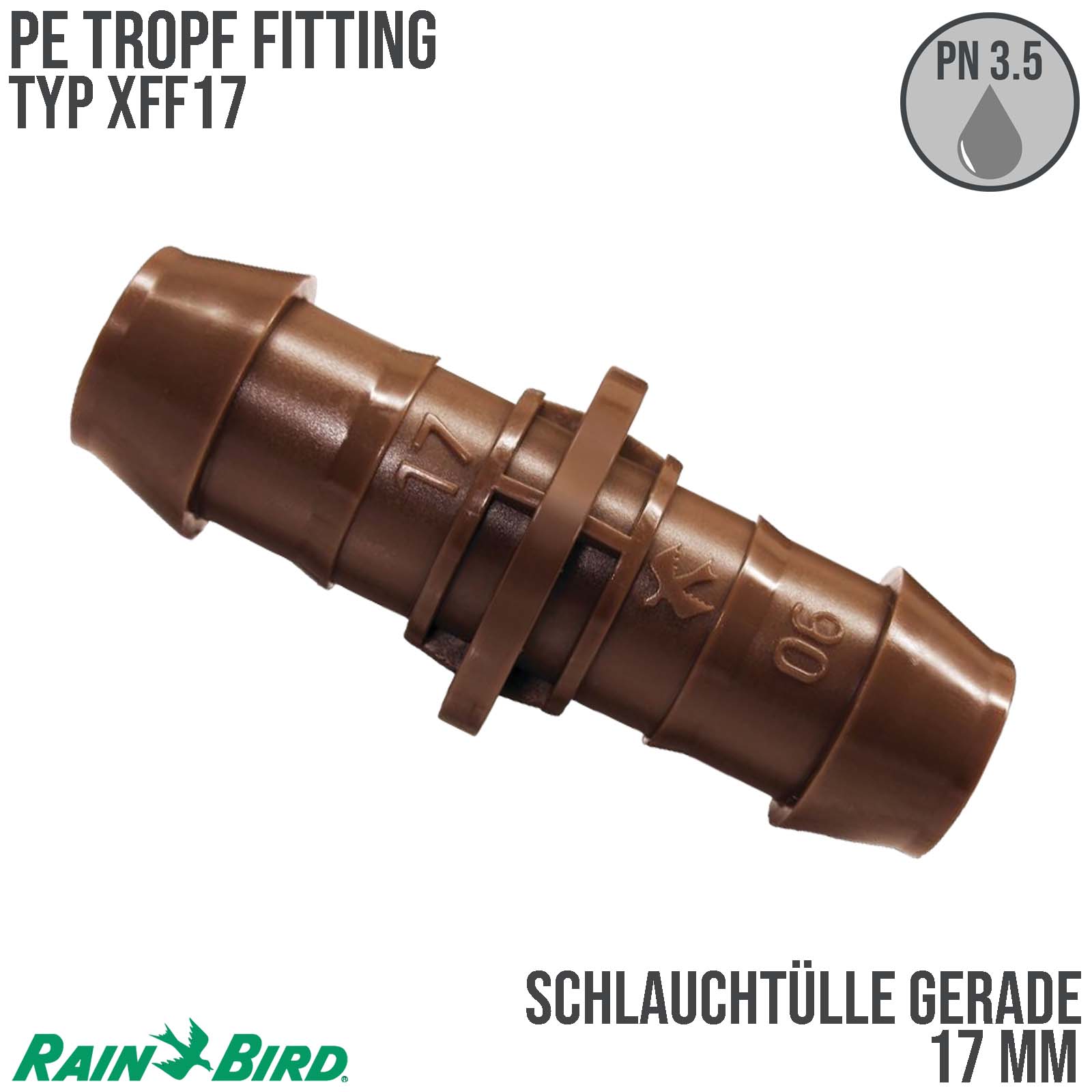 17 mm Rain Bird Schlauch Verbinder Kunststoff Tülle Tropf Fitting braun Typ XFF17 - PN 3,5 bar